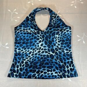 Vintage Y2K Woman Blue and Black Leopard Print Velvet Halter Tank Top Sz Large